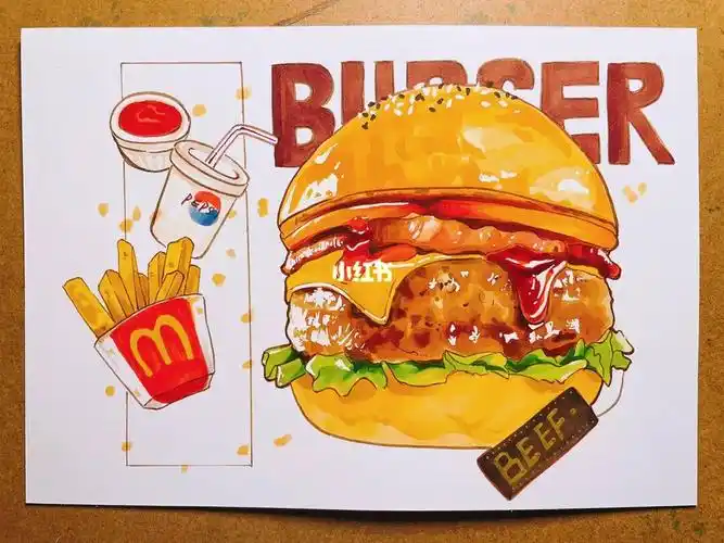 马克笔食物汉堡附线稿