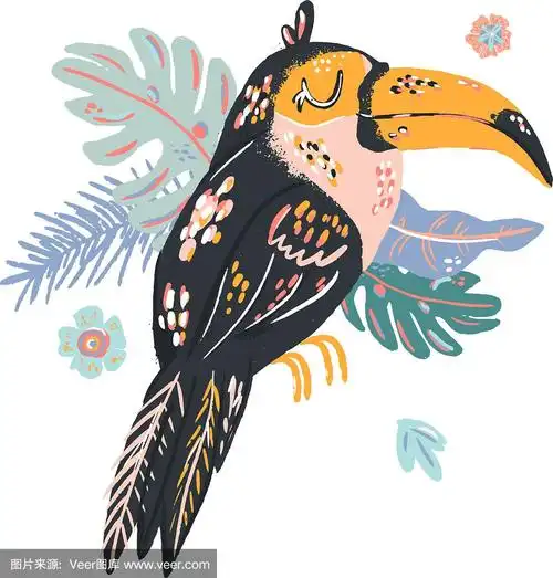 巨嘴鸟可爱的涂鸦手绘平面矢量插图.