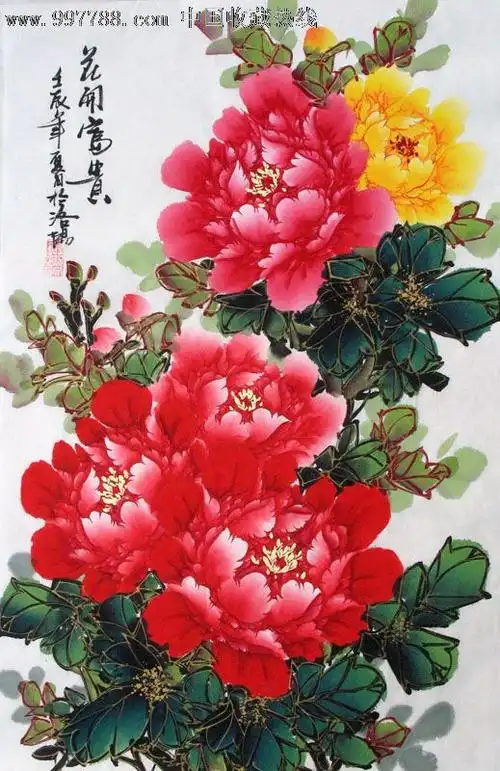 韦祝文花鸟画,花开富贵,四尺三开,精美礼品装饰画,喜庆赠品,22727