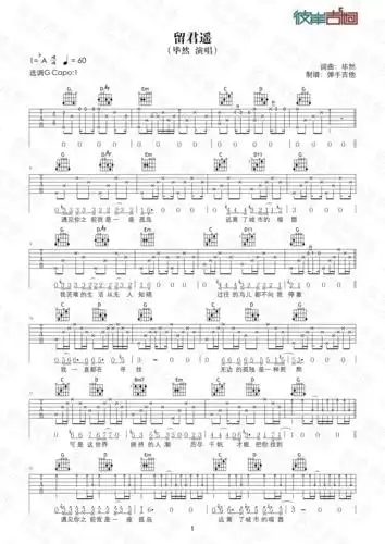 毕然《留君遥(g调图片版)》吉他谱