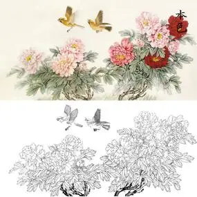 四尺白描底稿工笔画牡丹团扇花鸟画稿初学练习临摹线描国画打印稿