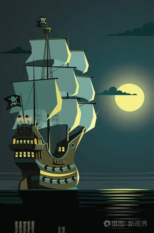 孤独的海盗船在一夜的海上开放