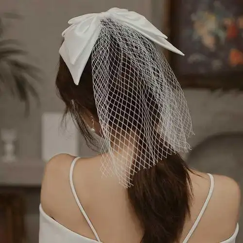 新娘头纱双层缎面绑带蝴蝶结网格菱形纱头头饰头纱