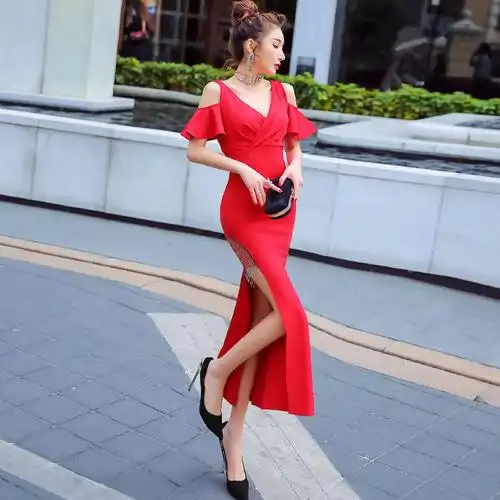 长裙中长开叉修身气质连衣裙总店包臀深紧身性感连衣裙