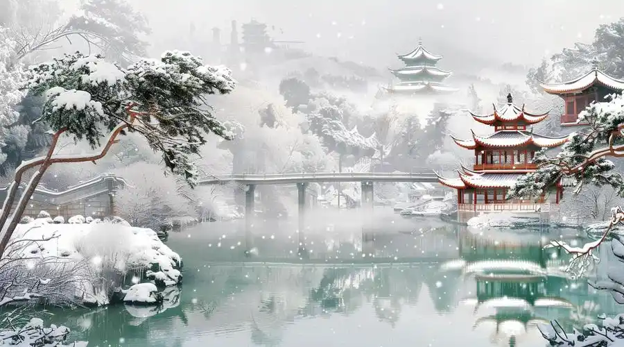 中国风,远处有亭台楼阁的大雪场景,白色背景的中国画风中的绿色水面