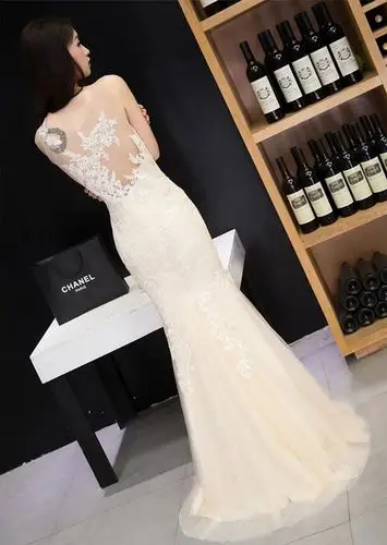 透视圆领蕾丝绣花晚礼服,女主苗条高挑富态满满