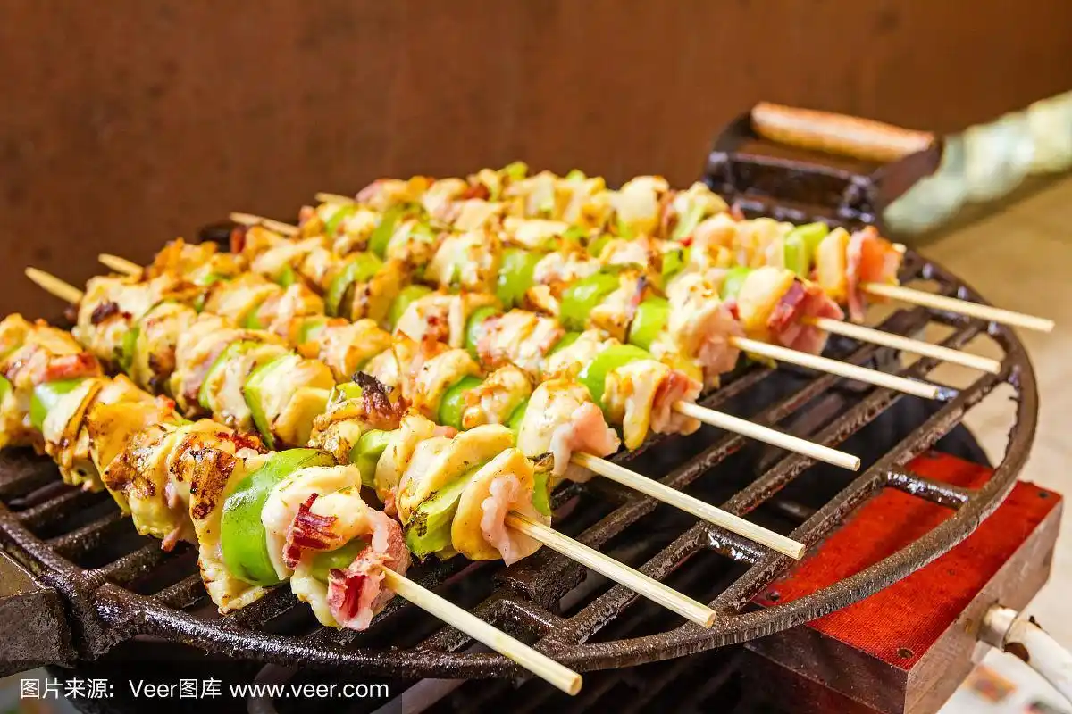 烧烤烧烤串,用蔬菜串烧烤-特写.