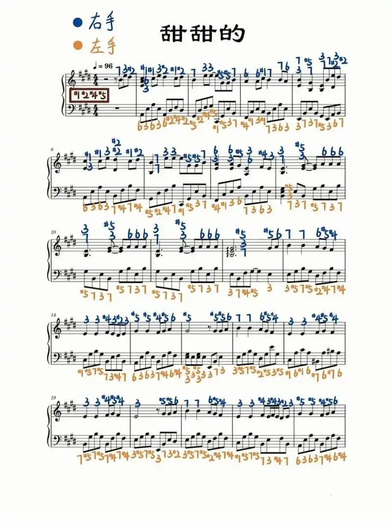 周杰伦《甜甜的》钢琴谱(附双手简谱)~|||调号:升1 升2 - 抖音