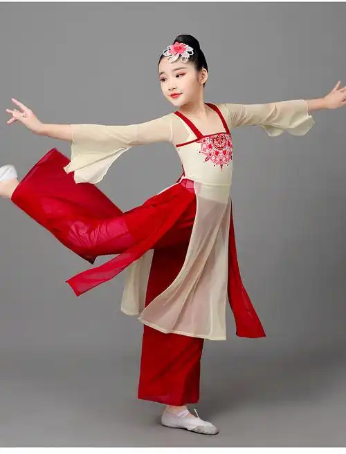 古典舞演出服女飘逸中国风扇子舞舞蹈练功服身韵纱衣新款红色120cm