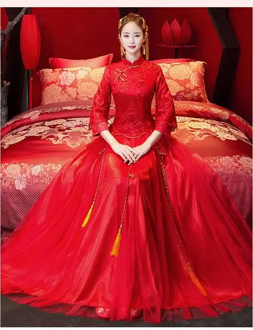 新娘装2021新款中式新娘服结婚礼服古装旗袍敬酒服 金珠红色蕾丝长袖