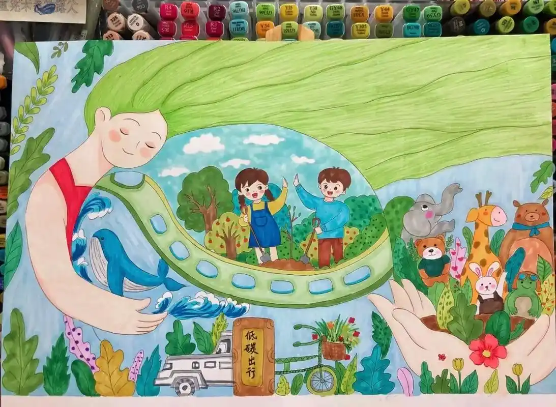 97低碳环保主题画.#马克笔手绘 #原创 #手抄报 #低碳环 - 抖音