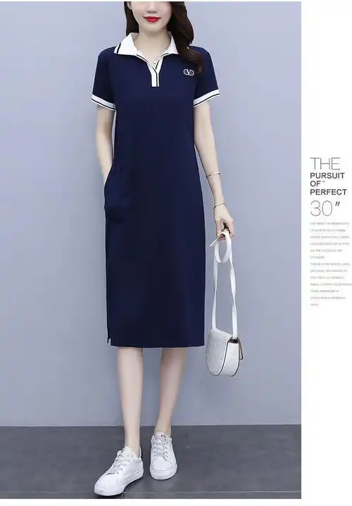 2021年夏季新款polo领时尚休闲运动t恤裙女宽松翻领短袖连衣裙女 - 17