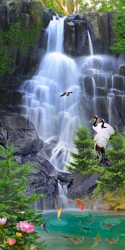 767海报印制展板写真喷绘1135高山流水细水长流锂鱼山水风景画