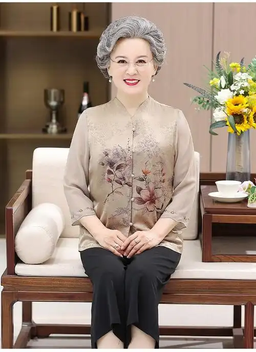 欧惠悠中老年女装奶奶装夏装套装6070岁80老人上衣服妈妈夏季宽松短袖
