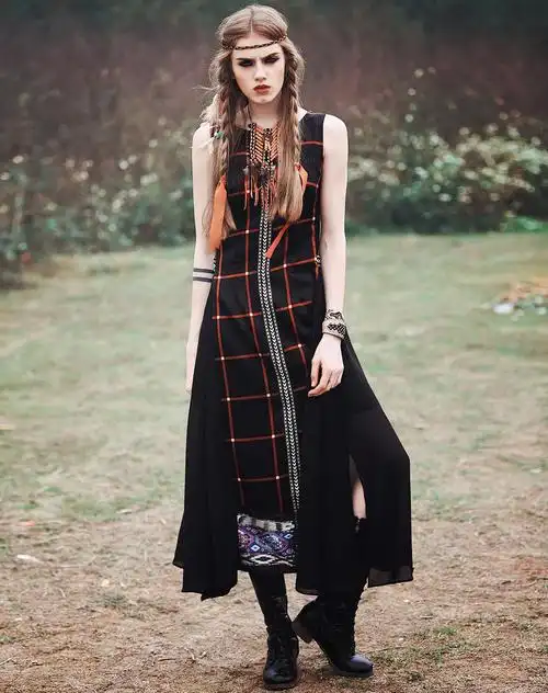 迷阵/aporia.as女装专场 苏格兰开衩无袖连衣裙