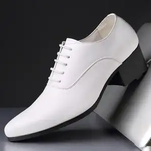 男士高跟鞋英伦绅士正装皮鞋男白色真皮尖头系带商务宴会舞台男鞋