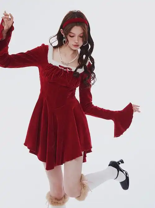 纯欲甜秋冬辣妹复古方领女红色连衣裙丝绒裙子,女装连衣裙,one by