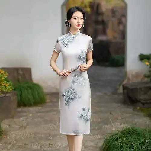 收腰显瘦素色年轻款双层醋酸旗袍高档大码妈妈装日常浅色系中长款