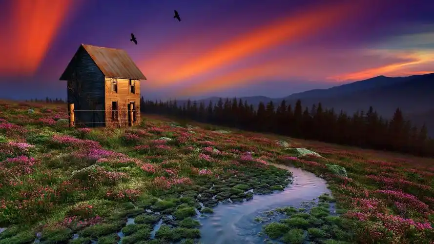 护眼自然房子树林水鸟儿鲜花风景桌面壁纸壁纸