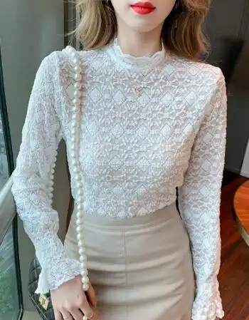 高领蕾丝打底衫女秋冬洋气小衫花边内搭喇叭袖网纱别致镂空上衣白色s