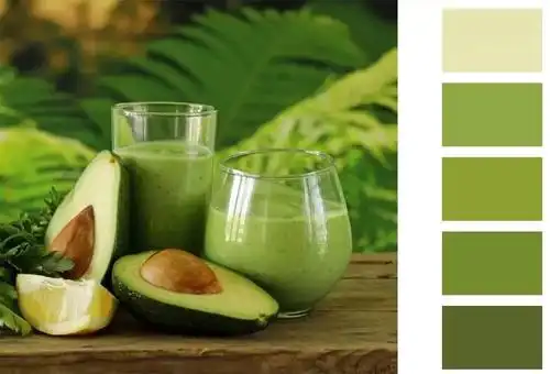 牛油果绿是牛油果果肉到果皮的中间过渡色,绿色为主