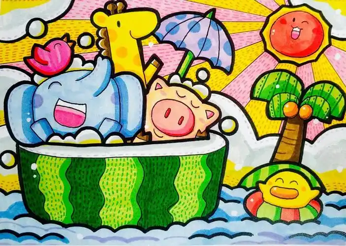 画夏日炎炎夏天的小池塘夏天热闹的小河边春夏秋冬儿童画-夏天走了秋