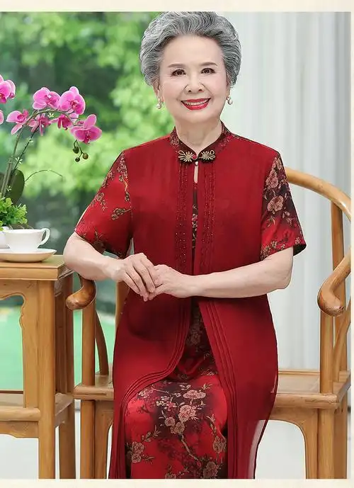 中老年女装妈妈装夏雪纺连衣裙60到80岁阔太太民族风过膝连衣裙红色xl