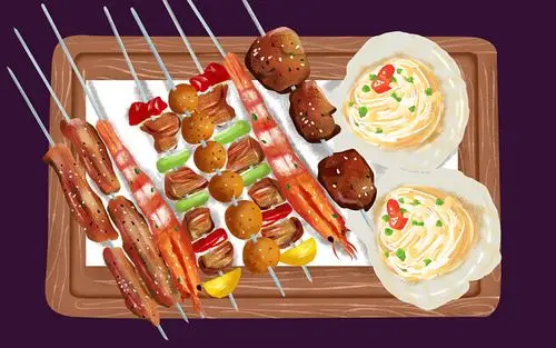 彩色卡通手绘烧烤烤串食物素材原创插画海报