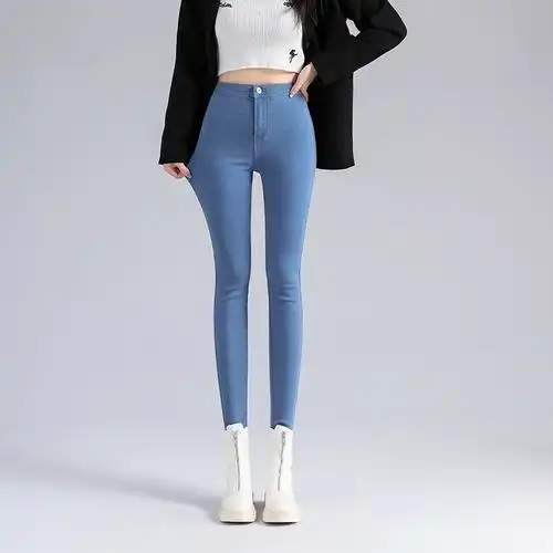 高腰蓝色牛仔裤女冬季2021年加绒弹力包臀紧身显瘦九分铅笔小脚裤