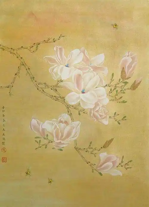 翠条多力引风长点破银花玉雪香的玉兰花工笔画