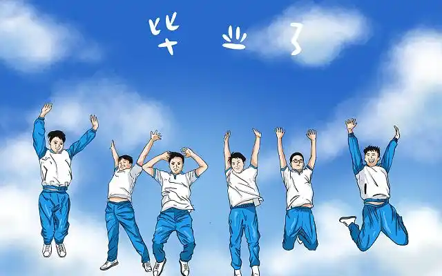 毕业季学生合照l蓝天跳跃卡通漫画