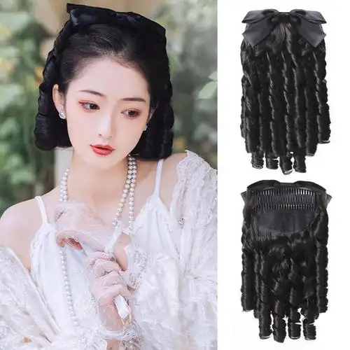 民国假发女卷发复古罗马卷蝴蝶结油条公主卷古风旗袍白秀珠马尾