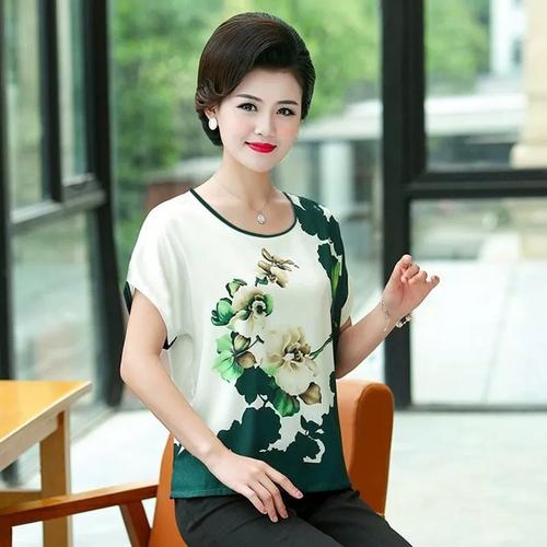 女装夏装妈妈上衣服宽松冰丝t恤复古短袖加肥加大码中老年大码