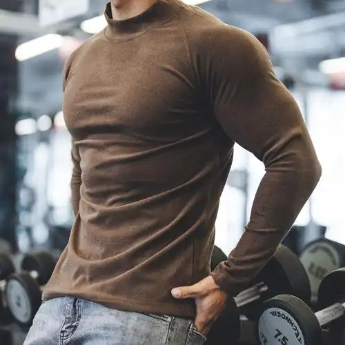 肌肉秋冬新款男士运动休闲跑步健身纯色光板修身双面德绒插肩长袖