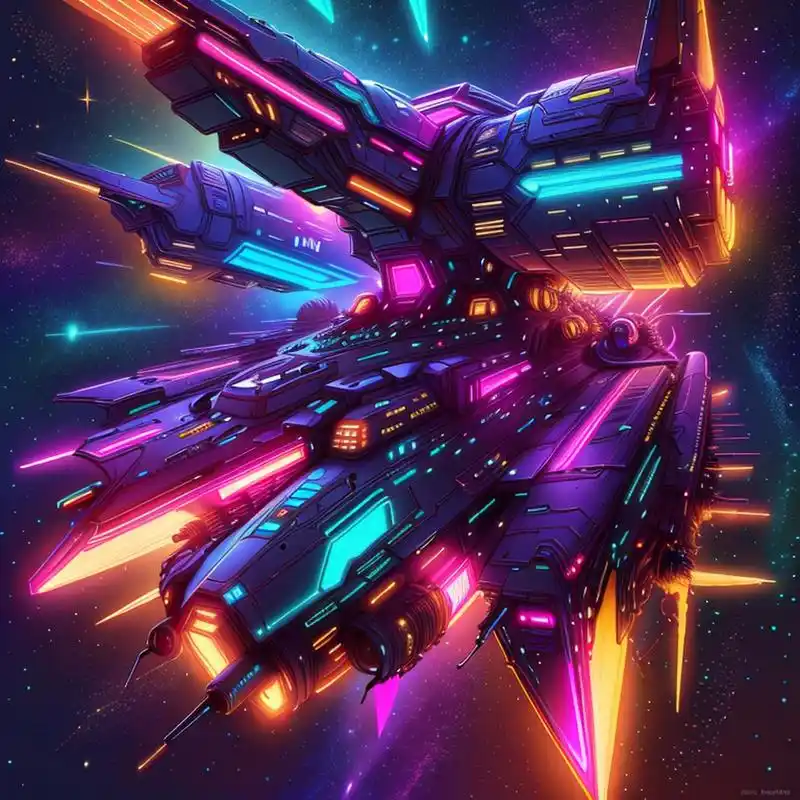 赛博朋克的宇宙飞船在太空中穿梭,它们的外观设计充满未来感,融合了高