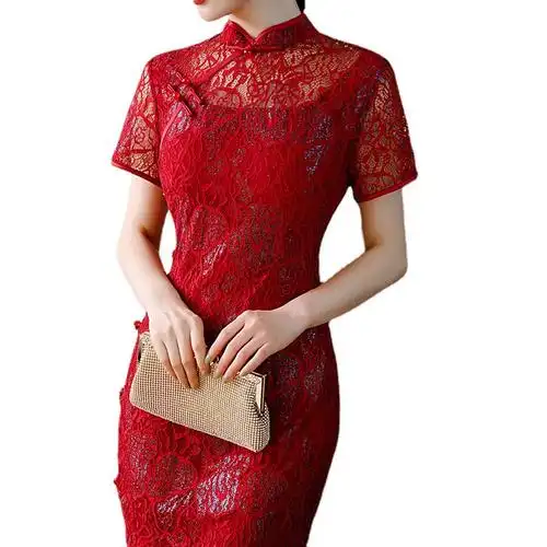 改良婚礼妈妈装蕾丝旗袍连衣裙小摆裙夏款刺绣中长款2021年新款