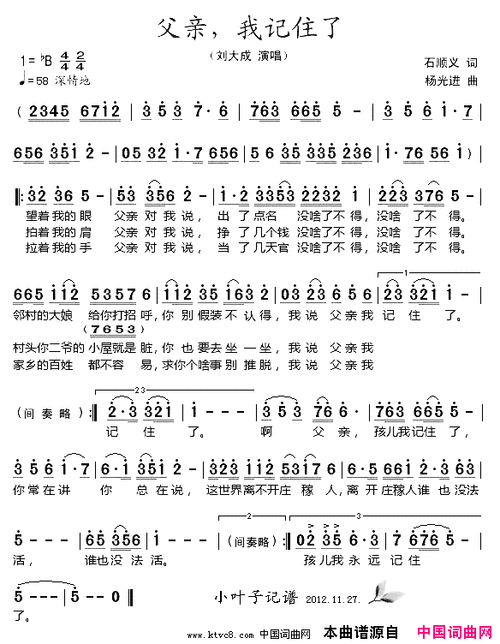 父亲,我记住了简谱-刘大成演唱-石顺义/杨光进词曲1
