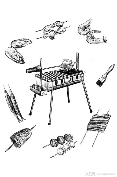 手绘黑白烧烤美食插画