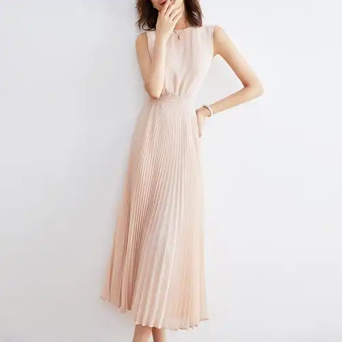 sofa沙发无袖连衣裙女夏季雪纺粉色气质百褶裙收腰长裙中长款裙子