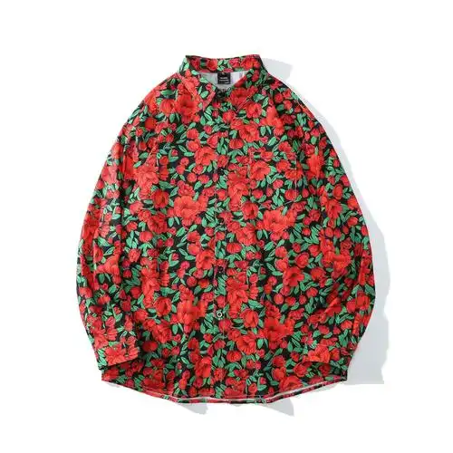 2022满印印花春秋红色花衬衣长袖港味复古休闲宽松碎花衬衫男女潮