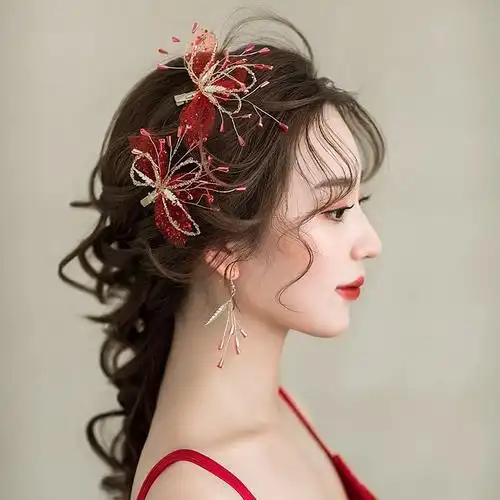 敬酒服头饰简单大气秀禾服简约新娘2021新款简单大方红色发饰森系
