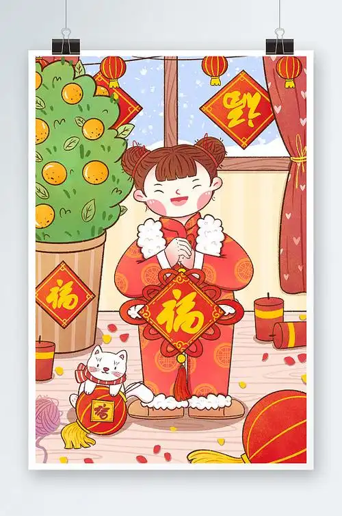 2021手绘清新女孩贺新年插画