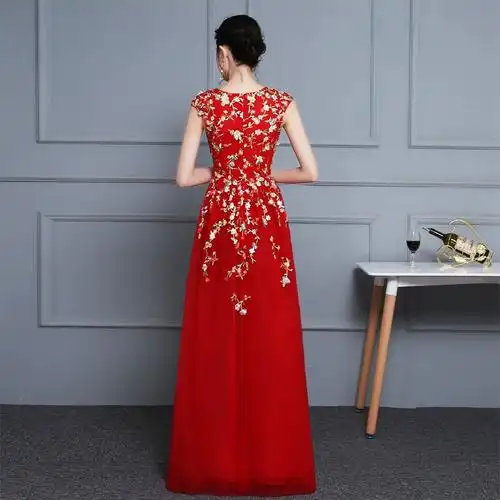 红色蕾丝花裙长裙v领性感飘逸轻纱2018新款礼服定制新娘敬酒礼服