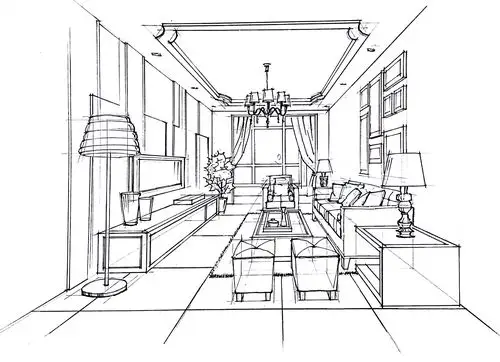 客厅空间一点透视黑白效果绘制步骤图._一叶手绘-站酷zcool