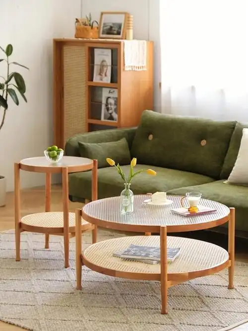 ins藤编茶几北欧小户型圆形玻璃边几