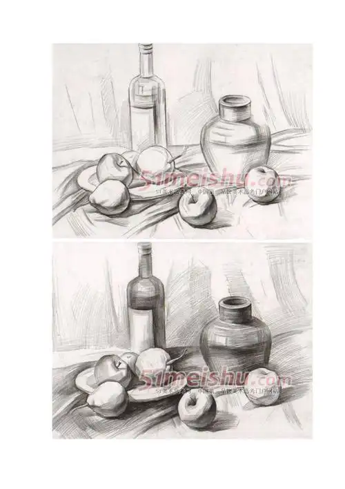 艺伴深口陶罐啤酒瓶苹果素描静物写生步骤图