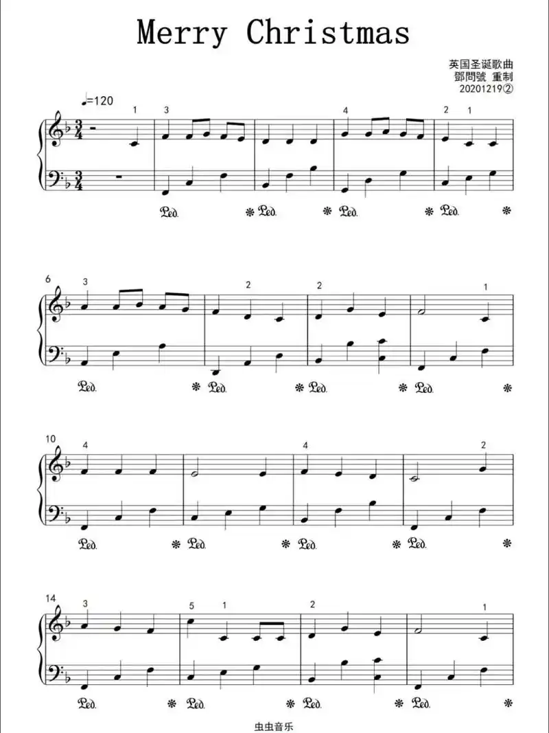 《圣诞歌》 今日分享简单的入门钢琴曲:圣诞歌 一版五线谱原谱,一版在