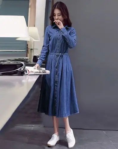 女深蓝色气质纯色百搭连衣裙(配腰带)