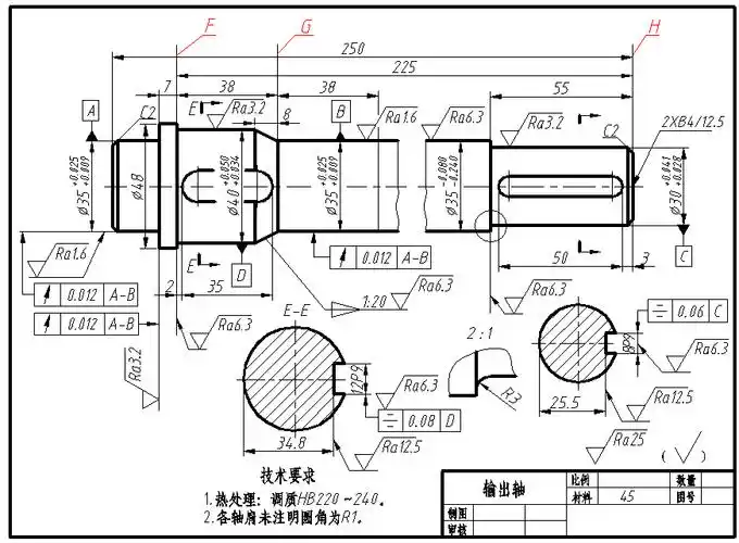 关于如图所示输出轴的零件图描述错误的是