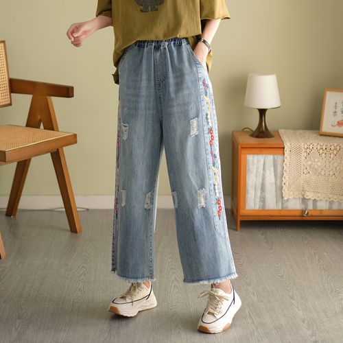 民族风刺绣阔腿九分裤女春夏松紧高腰牛仔裤破洞显瘦宽松毛边裤子